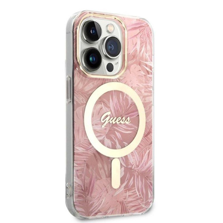 Guess Bundle Pack MagSafe IML Jungle - MagSafe iPhone 14 Pro Case + Charger Set (pink/gold)