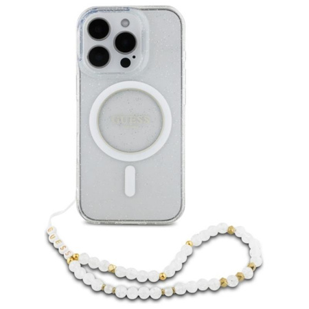 Guess IML Glitter With Pearl Strap MagSafe - pouzdro pro iPhone 16 Pro Max (průhledné)