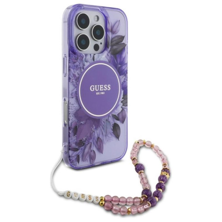 Guess IML Flowers With Pearl Strap Étui MagSafe pour iPhone 16 Pro (violet)