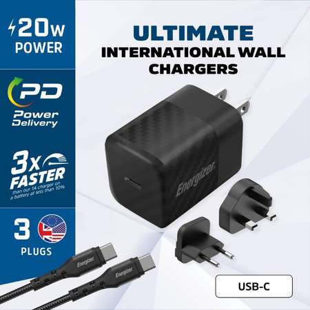Energizer Ultimate - Multiplug EU / UK / US GaN USB-C 20W PD travel charger + USB-C cable (Black)