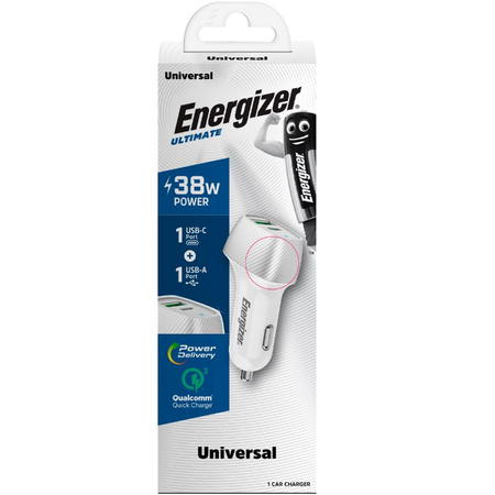 Energizer Ultimate - USB-C & USB-A 38W PD + QC3.0 car charger (White / Silver)