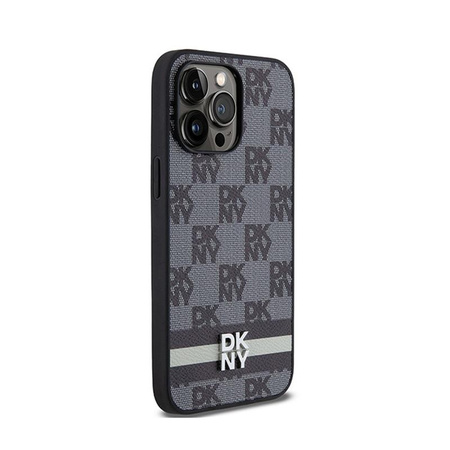 DKNY Leather Checkered Mono Pattern & Printed Stripes - Coque pour iPhone 14 Pro Max (noir)