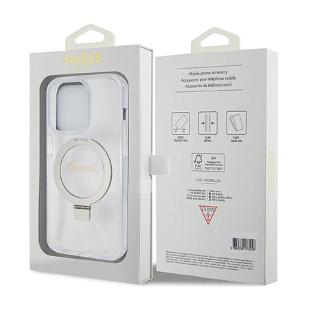 Guess Ring Stand Script Glitter MagSafe - pouzdro pro iPhone 15 Pro (průhledné)