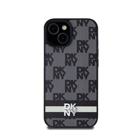 DKNY Leather Checkered Mono Pattern & Printed Stripes - iPhone 14 / 15 / 13 Case (black)