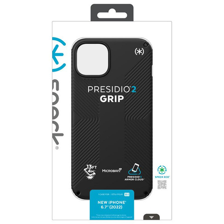 Speck Presidio2 Grip - protiskluzové pouzdro pro iPhone 15 Plus / 14 Plus (černé / černé / bílé)