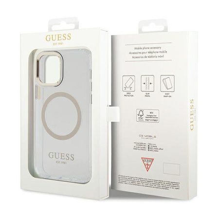 Guess Metal Outline MagSafe - pouzdro pro iPhone 12 / iPhone 12 Pro (průhledné / zlaté)