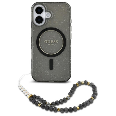 Guess IML Glitter gyöngyház szíjjal MagSafe - iPhone 16 tok (fekete)