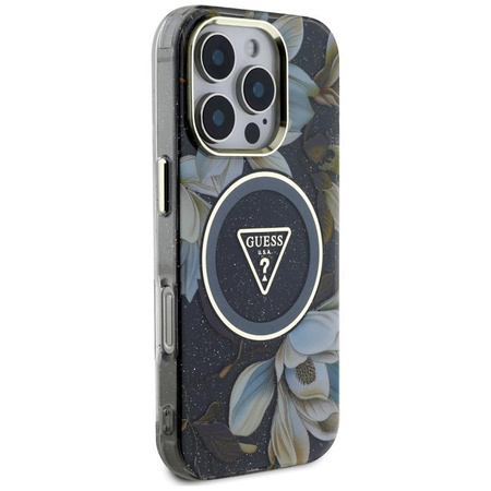 Guess Glitter Virágok háromszög gombok MagSafe - tok iPhone 16 Pro (fekete)