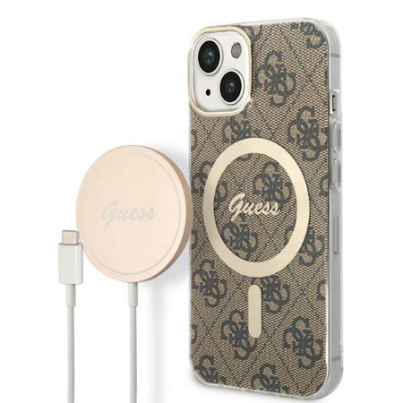 Guess Bundle Pack MagSafe 4G - MagSafe iPhone 14 Plus Tasche + Ladegerät Set (braun/gold)