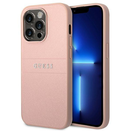 Guess Saffiano fém logós csíkok - iPhone 14 Pro Max tok (rózsaszín)