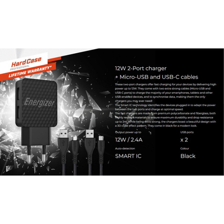 Energizer HardCase - Kompaktes Netzladegerät 2x USB-A + USB-C & Micro USB Kabel (Schwarz) lebenslange Garantie