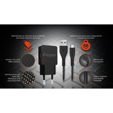Energizer HardCase - Kompakt hálózati töltő 2x USB-A + USB-C és Micro USB kábel (fekete) élettartam garancia