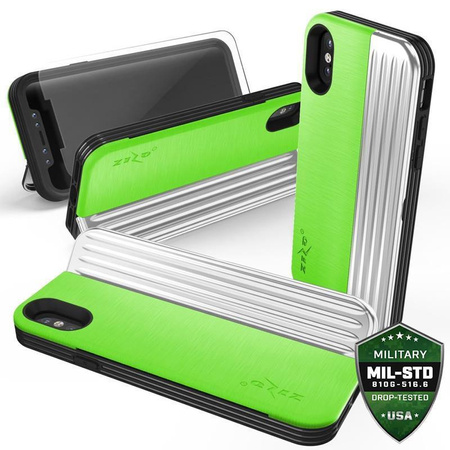 Zizo Retro Series - iPhone Xs / X Hülle mit Kartenfach + Ständer + 9H Glas für Bildschirm (Neon Grün/Silber)