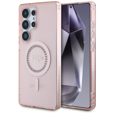 Guess Rhinestones imprimé Logo classique MagSafe - étui pour Samsung Galaxy S25 Ultra (rose)