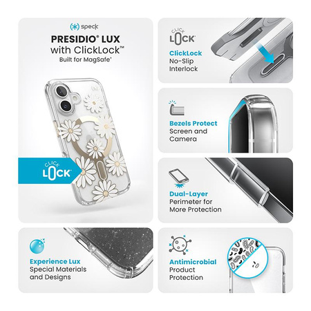 Speck Presidio Lux ClickLock & MagSafe - Custodia per iPhone 16 (Sunshine Daisies / Trasparente / Oro)