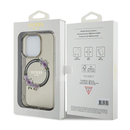 Guess IML Flowers Wreath MagSafe - pouzdro pro iPhone 15 Pro (černé)