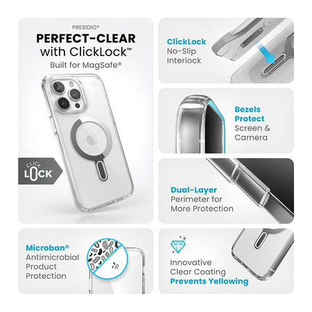 Speck Presidio Perfect-Clear ClickLock & Magsafe - iPhone 15 Pro Max Case (Clear / Chrome Finish / Serene Silver)