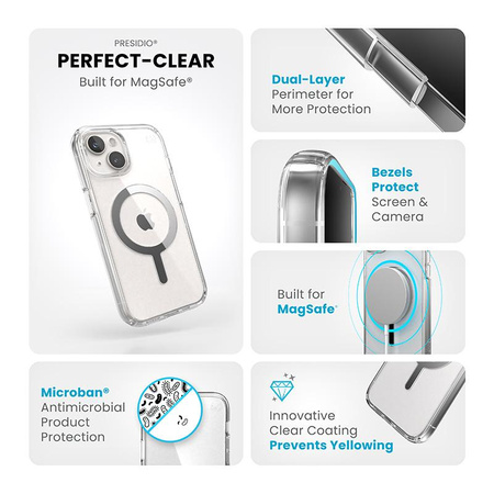 Speck Presidio Perfect-Clear MagSafe - iPhone 15 Tasche (Klar / Chrom Finish / Serene Silber)