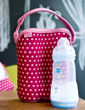 BUILT Bottle Buddy Two Bottle Tote with holder (Baby Pink Mini Dots)