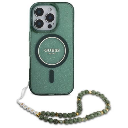 Guess IML Glitter With Pearl Strap MagSafe - Case for iPhone 16 Pro Max (Green)
