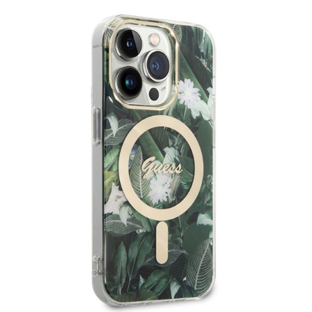 Guess Bundle Pack MagSafe IML Jungle - pouzdro MagSafe pro iPhone 14 Pro + nabíječka (khaki/zlatá)