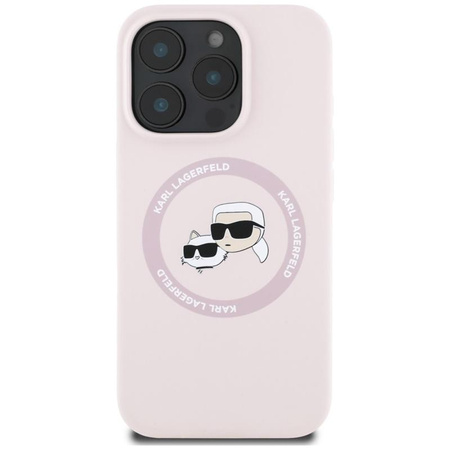 Karl Lagerfeld Silikonové pouzdro MagSafe s dvojitou hlavou a kruhem pro iPhone 16 Pro (růžové)