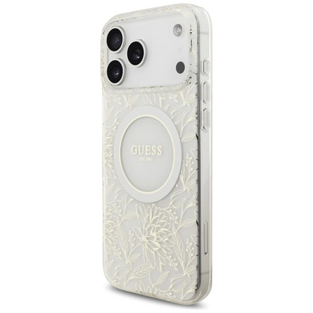 Guess IML Flowers Electro Pearl Strap MagSafe - Pouzdro iPhone 17 Pro Max (bílý)