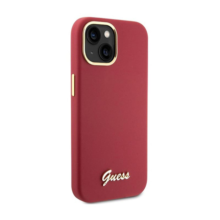 Guess szilikon script fém logó és keret - iPhone 15 tok (magenta)