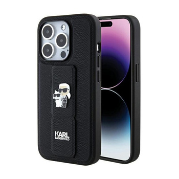 Karl Lagerfeld Gripstand Saffiano Karl & Choupette Pins - iPhone 15 Pro Tasche (schwarz)