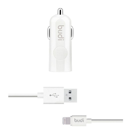 Budi - USB autós töltő + Lightning kábel (fehér)