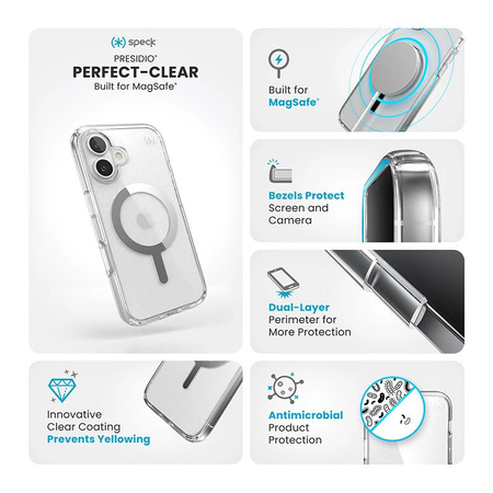 Speck Presidio Perfect-Clear MagSafe - pouzdro pro iPhone 16 (čiré / chromované provedení / stříbrná barva)