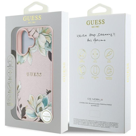 Guess Grained Printed Flower Pattern MagSafe - Pouzdro pro iPhone 16 (růžový)