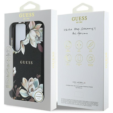 Guess Genarbtes gedrucktes Blumenmuster MagSafe - Hülle für Samsung Galaxy S25 Ultra (schwarz)