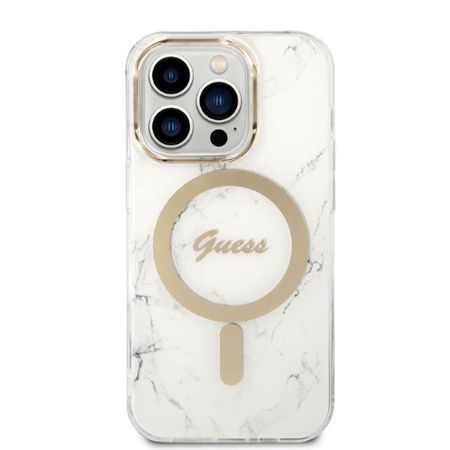 Guess Bundle Pack MagSafe IML Marble - MagSafe iPhone 14 Pro Tasche + Ladegerät Set (weiß/gold)