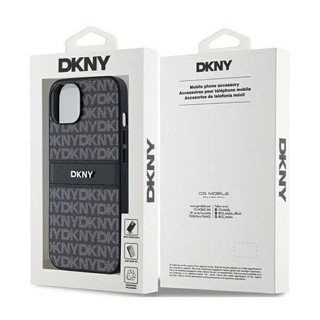 Kožené pouzdro DKNY Mono Stripe & Metal Logo - iPhone 15 Plus / 14 Plus (černé)