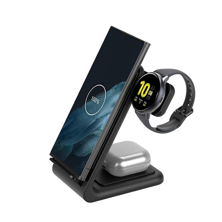 Crong PowerSpot Pivot Stand - 3-in-1 wireless charger for iPhone, Samsung & Android, Galaxy Watch and TWS headphones (black)