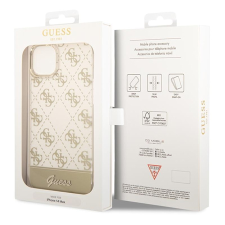 Guess 4G Stripe Script Logo Electroplated Pattern - Coque pour iPhone 14 (Or)