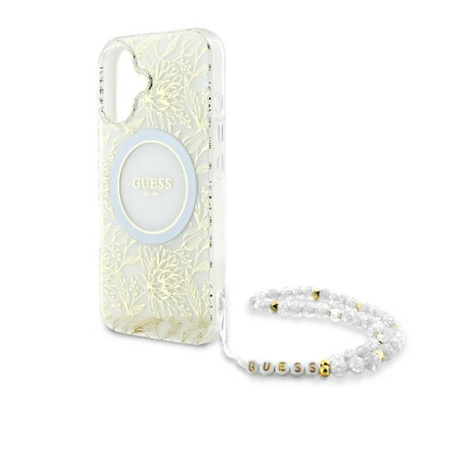 Guess IML Flowers Allover Electro avec sangle en perle Étui MagSafe - iPhone 16 Plus (blanc)