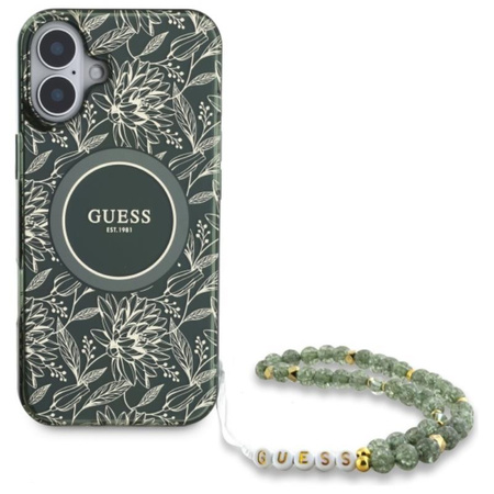 Guess IML Flowers Allover Electro With Pearl Strap MagSafe - Etui iPhone 16 Plus (zielony)