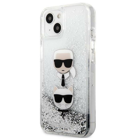 Karl Lagerfeld Liquid Glitter Karl & Choupette Head - pouzdro na iPhone 13 mini (stříbrné)