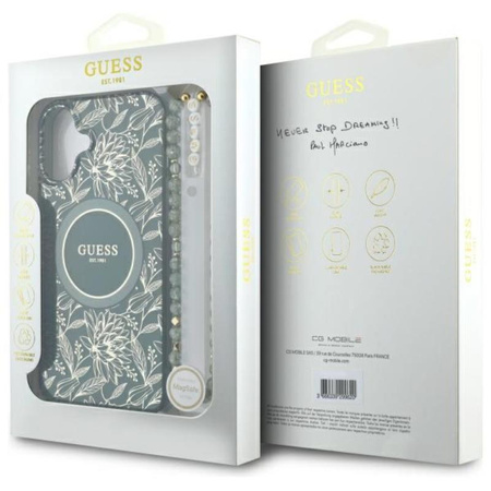 Guess IML Flowers Allover Electro With Pearl Strap MagSafe - pouzdro pro iPhone 16 Plus (zelené)