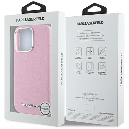 Karl Lagerfeld Saffiano Full Wrapped Elongated Metal Logo MagSafe - Tasche für iPhone 16 Pro (rosa)