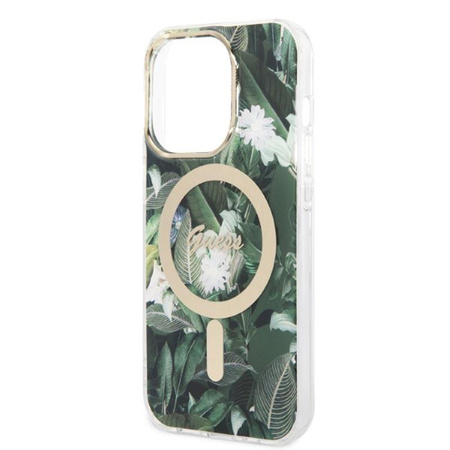 Guess Bundle Pack MagSafe IML Jungle - MagSafe iPhone 14 Pro Tasche + Ladegerät-Set (khaki/gold)