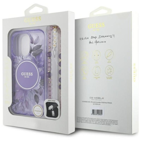 Guess IML Flowers With Pearl Strap MagSafe - iPhone 16 Pro Case (purple)