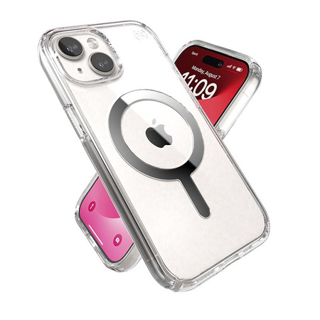 Speck Presidio Perfect-Clear MagSafe - pouzdro iPhone 16e / iPhone 15 / iPhone 14 / iPhone 13 (čiré / chromované provedení / stříbrná barva)