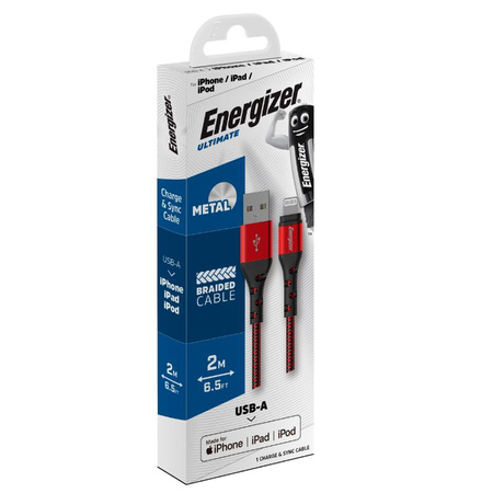 Energizer Ultimate - Câble de connexion USB-A vers Lightning certifié MFi 2m (Rouge)