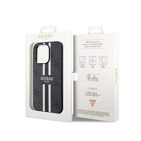 Pouzdro Guess 4G MagSafe s potiskem pruhů - iPhone 15 Pro (černé)