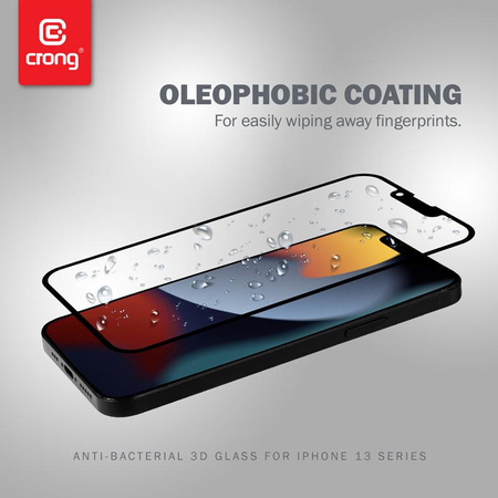 Crong Anti-Bacterial 3D Armour Glass - 9H tvrzené sklo přes celou obrazovku pro iPhone 14 Plus / iPhone 13 Pro Max + instalační rámeček