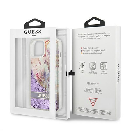 Guess Liquid Glitter Flower - pouzdro pro iPhone 13 mini (fialové)