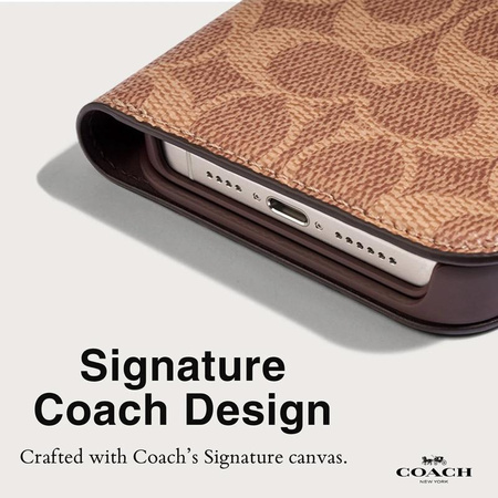 Coach Folio Signature C Case - Étui 2-en-1 avec rabat pour iPhone 15 Pro (Tan)